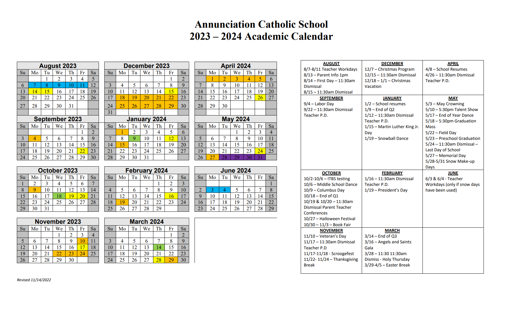 Calendars Annunciation Catholic School